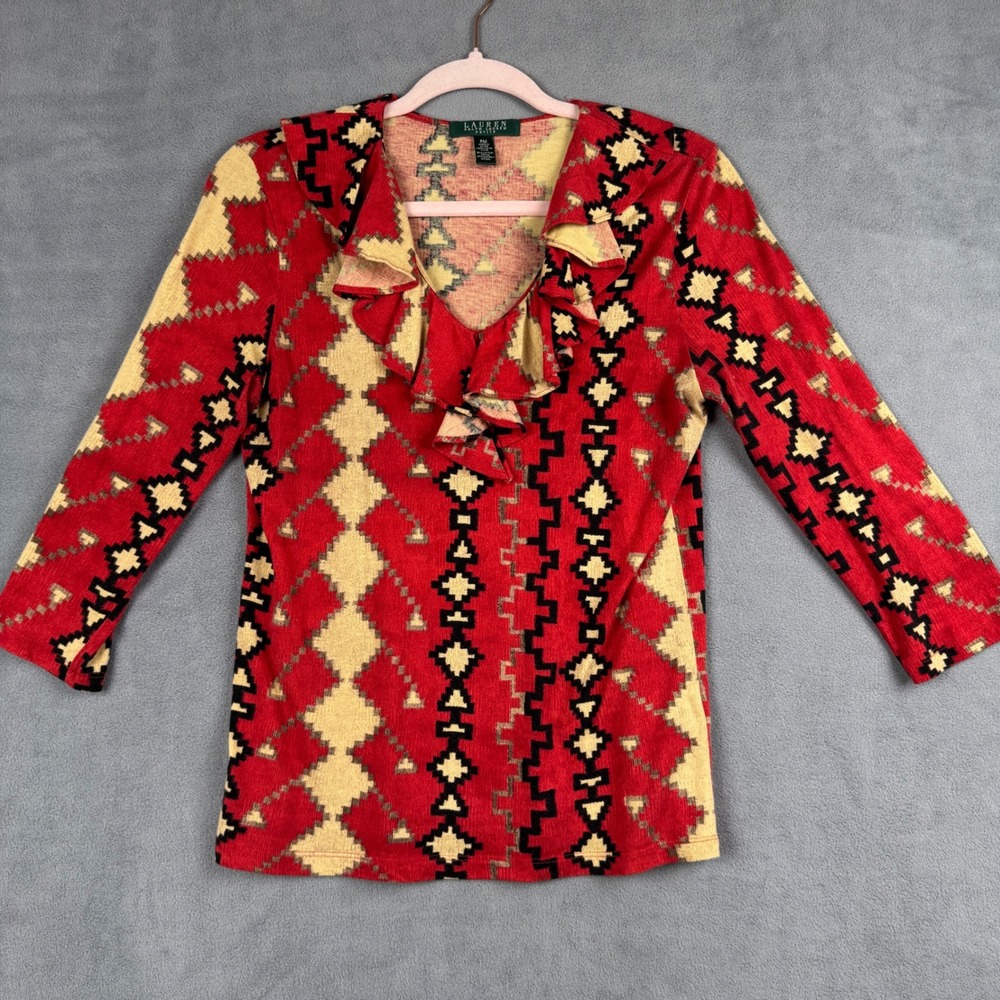 Lauren Ralph Lauren Aztec Petite Red Southwestern Ruffle V-Neck Knit Top PM